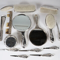 Chinese Export Silver Vanity Set Comprising 15 Pieces