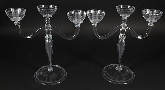 Pair of Antique Two light Clear Glass Candelabra
