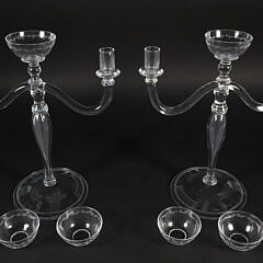 Pair of Two-Light Landscape Engraved Clear Glass Candelabra, 19th Century