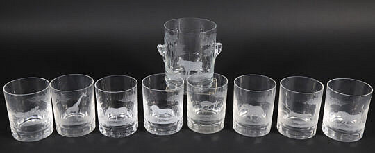 Set of Eight Vintage Old Fashion Glasses Accompanied with Ice Bucket