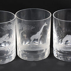 Set of Eight Vintage Safari Animal Engraved Old Fashion Glasses and Ice Bucket