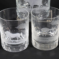 Set of Eight Vintage Safari Animal Engraved Old Fashion Glasses and Ice Bucket