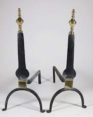 Pair of Brass and Cast Iron Knife Blade Andirons with Finial Tops