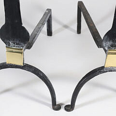 Pair of Antique Brass and Cast Iron Knife Blade Andirons with Finial Tops