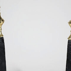 Pair of Antique Brass and Cast Iron Knife Blade Andirons with Finial Tops