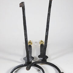 Pair of Antique Brass and Cast Iron Knife Blade Andirons with Finial Tops