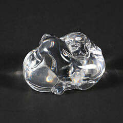 Signed Steuben Clear Glass Hand Cooler in the Form of Nestled Puppies