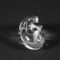Signed Steuben Clear Glass Hand Cooler in the Form of Nestled Puppies