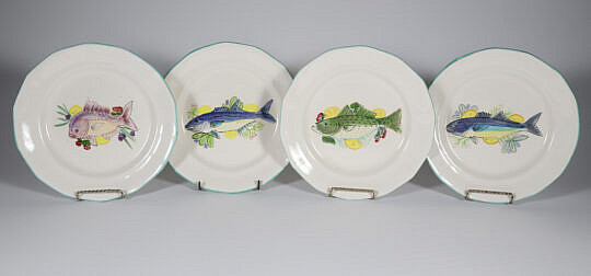 Set of Four Paint Decorated Folk Art Fish Plates