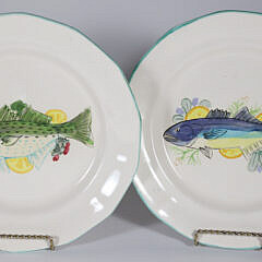 Set of Four Hand Painted Ceramic Folk Art Fish Plates, circa 1989