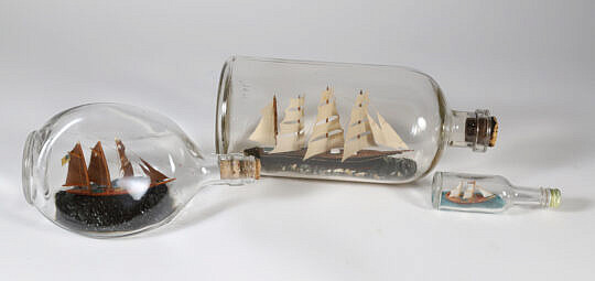 Group of Three Folk Art Ships in a Bottle