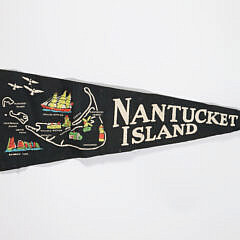 Vintage Nantucket Burgee with Island Map, Whale Ship Morgan, Rainbow Fleet and Prominent Landmarks
