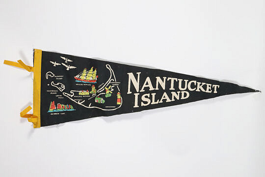 Vintage Nantucket Burgee with Island Map, Whale Ship Morgan, Rainbow Fleet and Prominent Landmarks