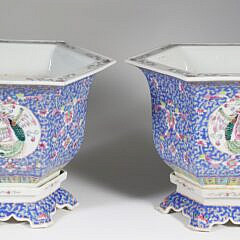 Pair of Chinese Polychrome Enameled Porcelain Hexagonal Cache Pots on Separate Footed Bases