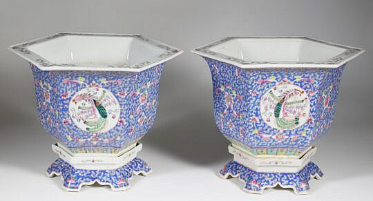 Pair of Chinese Polychrome Enameled Porcelain Hexagonal Cache Pots on Separate Footed Bases