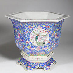 Pair of Chinese Polychrome Enameled Porcelain Hexagonal Cache Pots on Separate Footed Bases