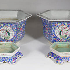 Pair of Chinese Polychrome Enameled Porcelain Hexagonal Cache Pots on Separate Footed Bases
