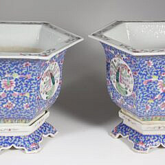 Pair of Chinese Polychrome Enameled Porcelain Hexagonal Cache Pots on Separate Footed Bases