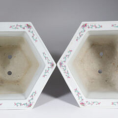 Pair of Chinese Polychrome Enameled Porcelain Hexagonal Cache Pots on Separate Footed Bases