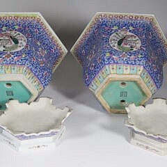 Pair of Chinese Polychrome Enameled Porcelain Hexagonal Cache Pots on Separate Footed Bases