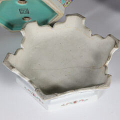 Pair of Chinese Polychrome Enameled Porcelain Hexagonal Cache Pots on Separate Footed Bases