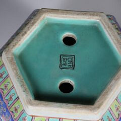 Pair of Chinese Polychrome Enameled Porcelain Hexagonal Cache Pots on Separate Footed Bases