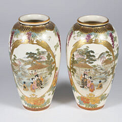 Pair of Japanese Satsuma Vases with Figural Landscape Decorations 