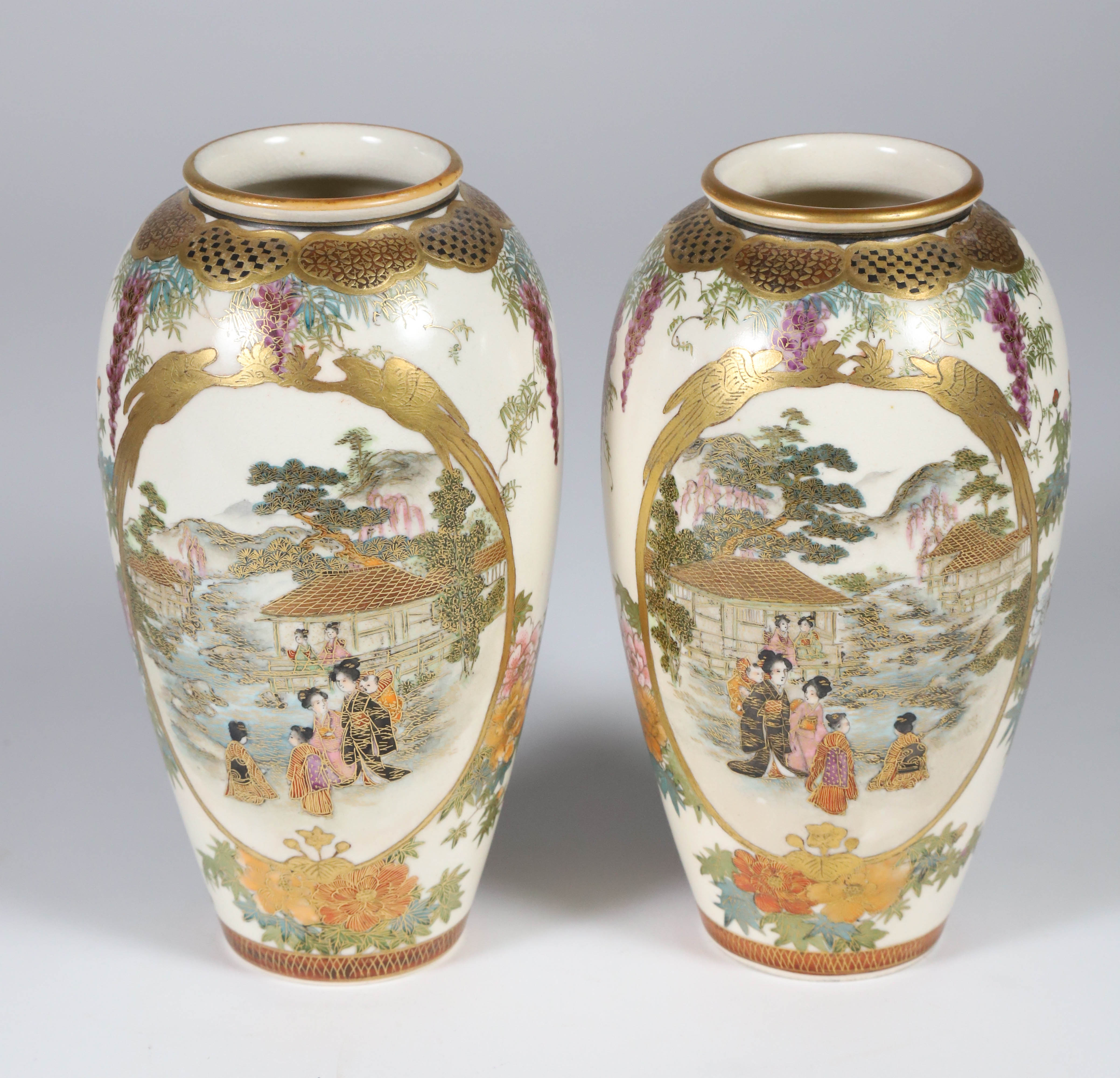 Pair of Japanese Satsuma Vases with Figural Landscape Decorations 