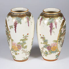 Pair of Japanese Satsuma Vases with Figural Landscape Decorations 