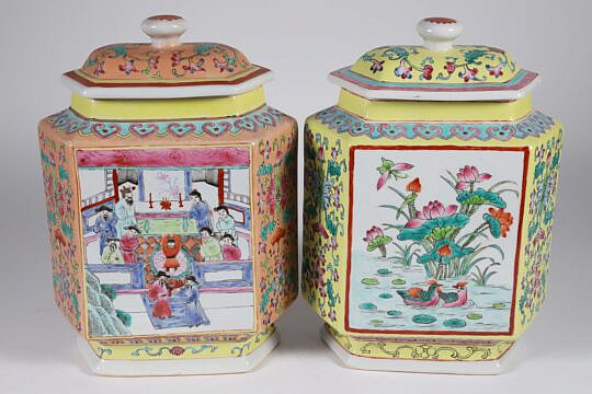 Pair of Chinese Reproduction Hexagonal Covered Jars