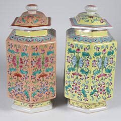 Pair of Contemporary Chinese Hexagonal Covered Jars