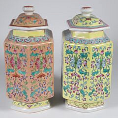 Pair of Contemporary Chinese Hexagonal Covered Jars