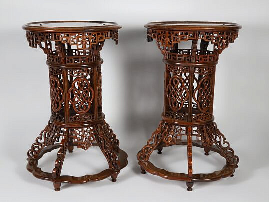 Pair of Chinese Carved and Reticulated Wood Stands