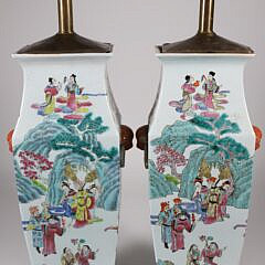 Pair of Chinese Famille Rose Vases, 19th Century, Mounted as Lamps