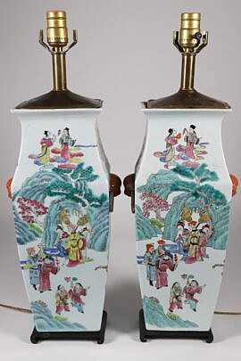 Pair of Chinese Famille Rose Vases, 19th Century, Mounted as Lamps