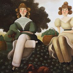 Steve L. Cull Folk Art Oil on Canvas “Portrait of Sisters and Their Dachshund”