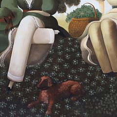 Steve L. Cull Folk Art Oil on Canvas “Portrait of Sisters and Their Dachshund”