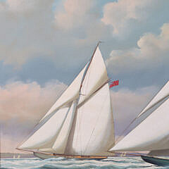 Salvatore Colacicco Oil on Wood Panel “America’s Cup, Resolute Defeats Shamrock, Thirteenth Defense”, circa 1920