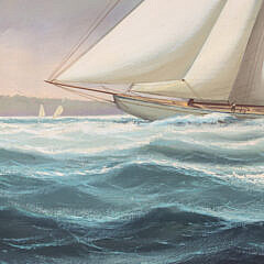 Salvatore Colacicco Oil on Wood Panel “America’s Cup, Resolute Defeats Shamrock, Thirteenth Defense”, circa 1920
