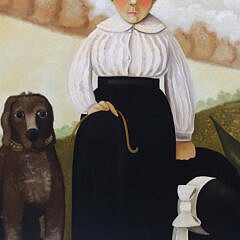 Steve L. Cull Folk Art Oil on Linen “Portrait of a Boy and His Dog”