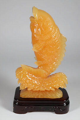 Chinese Carved Yellow Jade Gold Fish on Stand