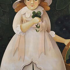 Steve L. Cull Folk Art Oil on Linen “Portrait of a Girl and Her Cat”