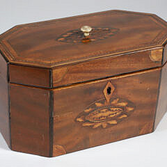 British Regency Octagonal Mahogany Inlaid Double Compartment Tea Caddy, 19th Century,