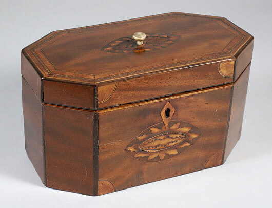 British Regency Octagonal Mahogany Inlaid Double Compartment Tea Caddy, 19th Century,