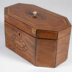British Regency Octagonal Mahogany Inlaid Double Compartment Tea Caddy, 19th Century