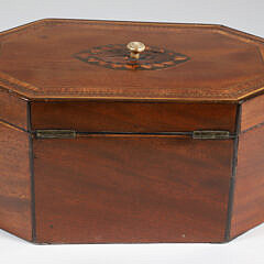 British Regency Octagonal Mahogany Inlaid Double Compartment Tea Caddy, 19th Century
