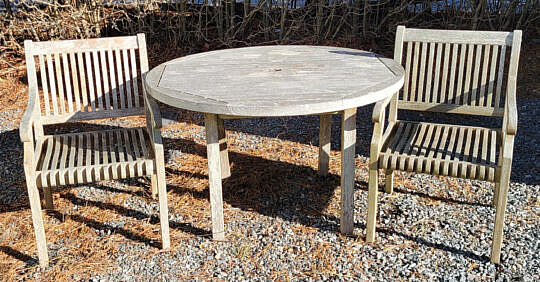 Round Teak Wood Table and Two Chairs