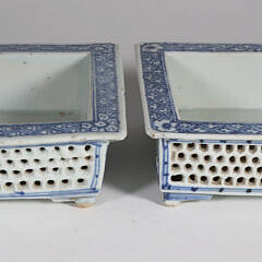 Pair of Antique Chinese Export Blue and White Reticulated Porcelain Bonzai Planters