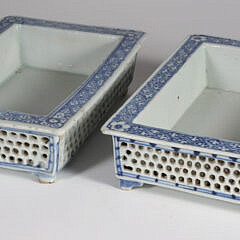 Pair of Antique Chinese Export Blue and White Reticulated Porcelain Bonzai Planters