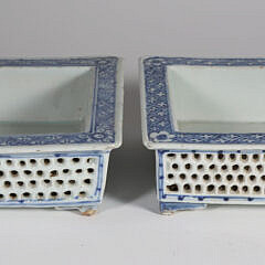 Pair of Antique Chinese Export Blue and White Reticulated Porcelain Bonzai Planters